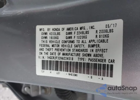 2017 Honda Accord Lx z USA, uszkodzony, nr VIN 1HGCR2F32HA234518